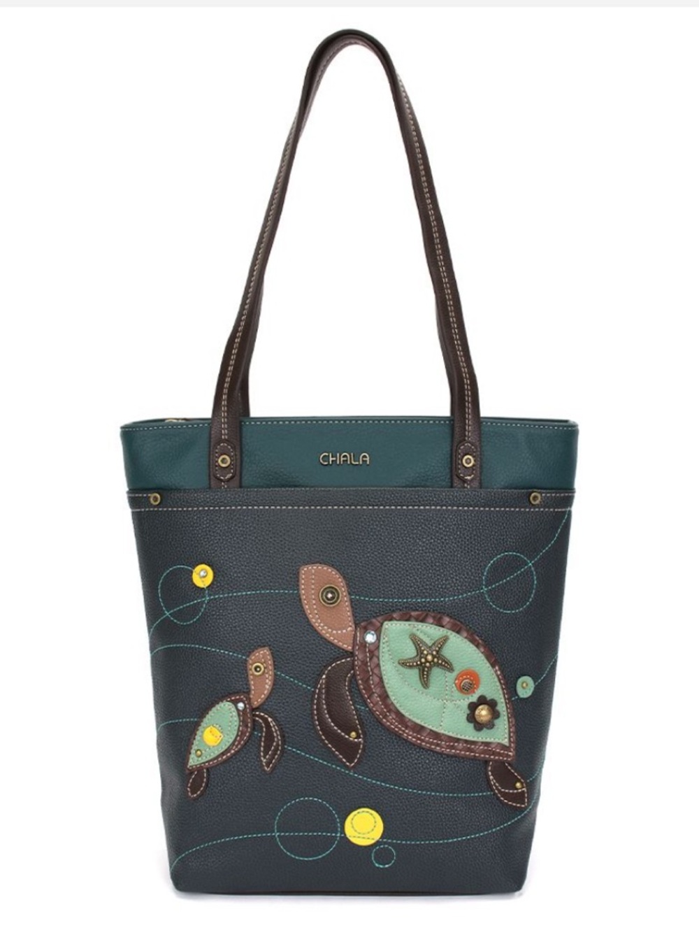 Chala Navy Blue Sea Turtles Deluxe Everyday Zip Tote Whimsical Faux Leather